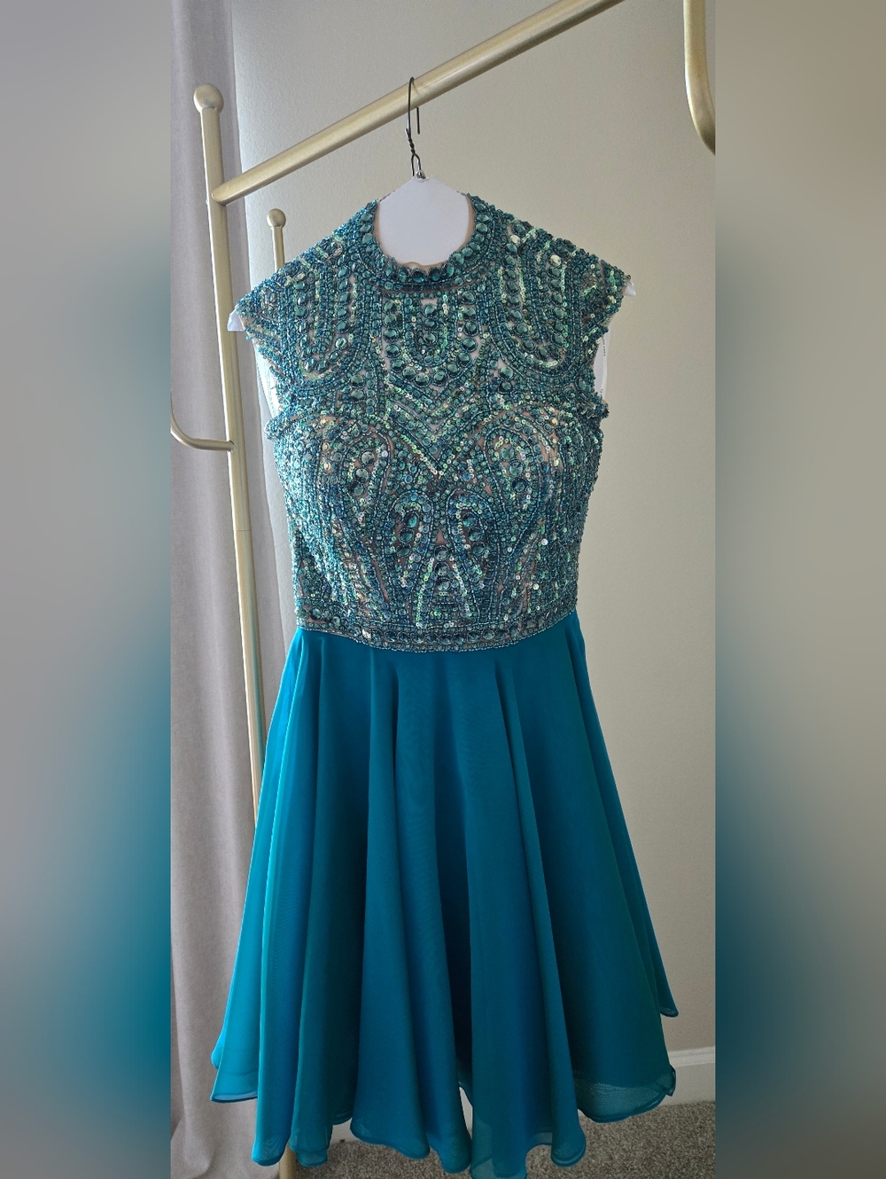 Sherri Hill Teal Beaded Fit-and-Flare Dress